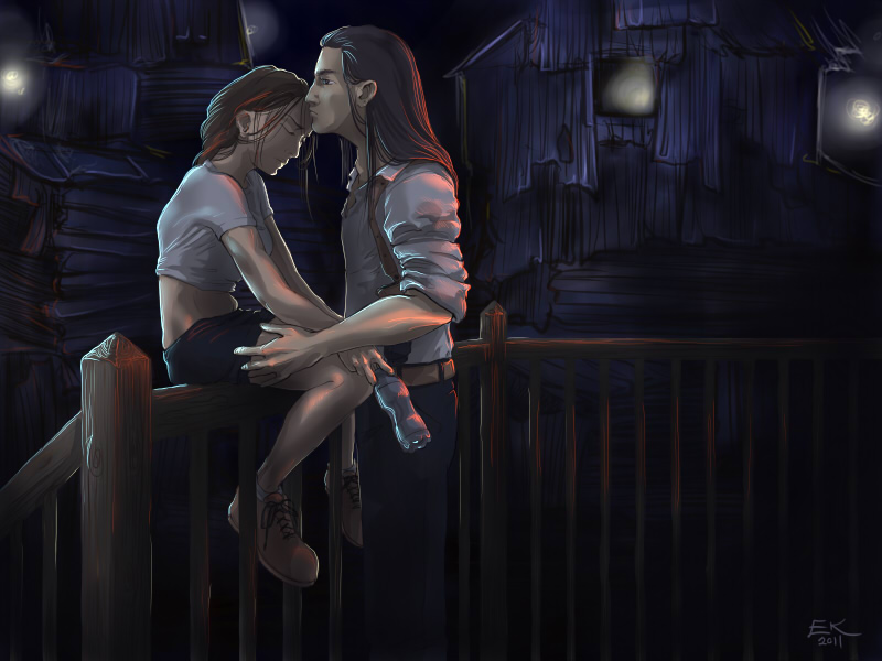 illustration: Tifa sitting on railing; Tseng kissing her forehead